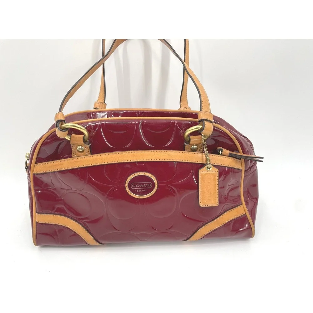 Coach Satchel Bag Women Medium Red Patent Leather Signature C Set Wallet Vintage